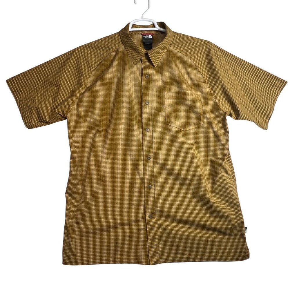 The North Face Shirt Mens L Yellow Brown Plaid Polyester Short Sleeve Button-Up